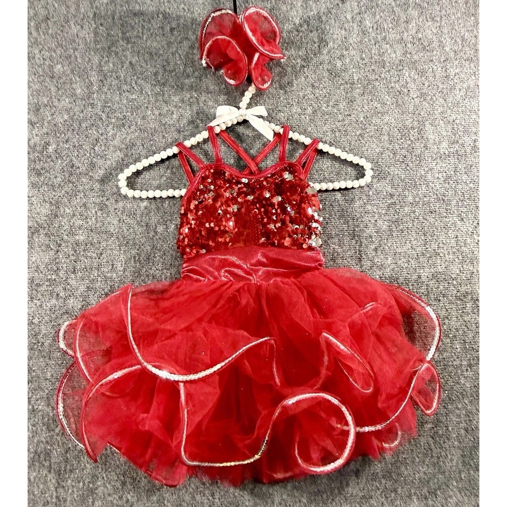 Weissman Girls Red Sequin Tutu Dance Costume Leotard Hair Clip XS RN 64830